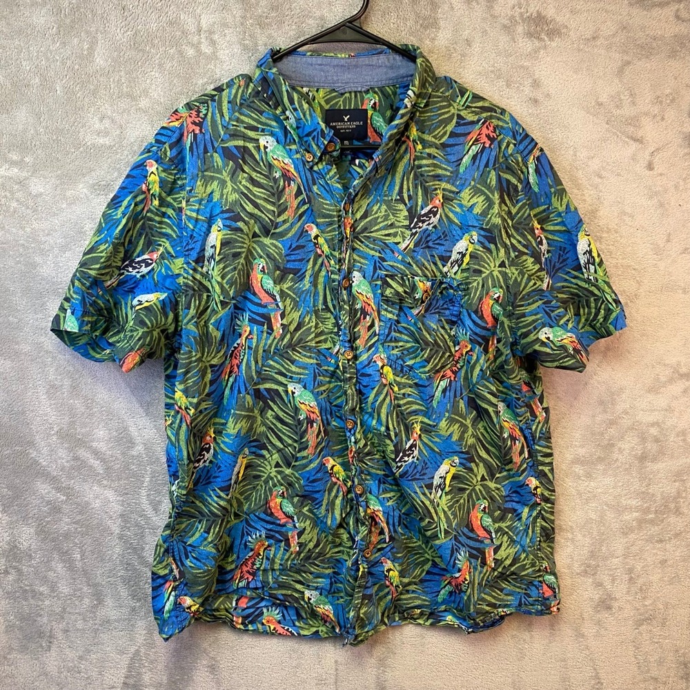 American Eagle Mens XXL Tropical Parrot Palm Print Button Down Shirt Blue Green
